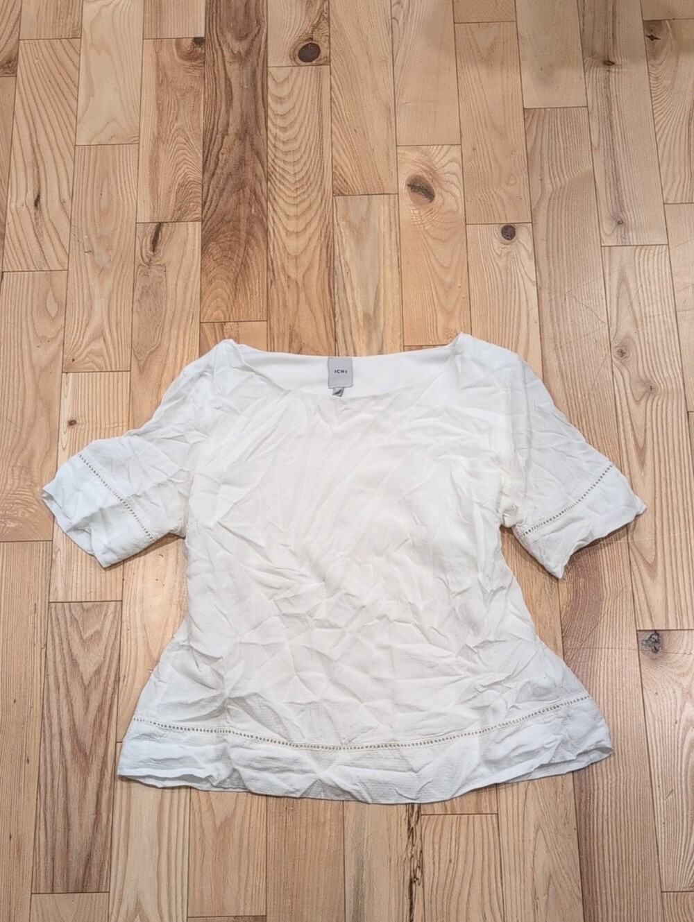 White Short-Sleeve Women's Blouse with Eyelet Trim